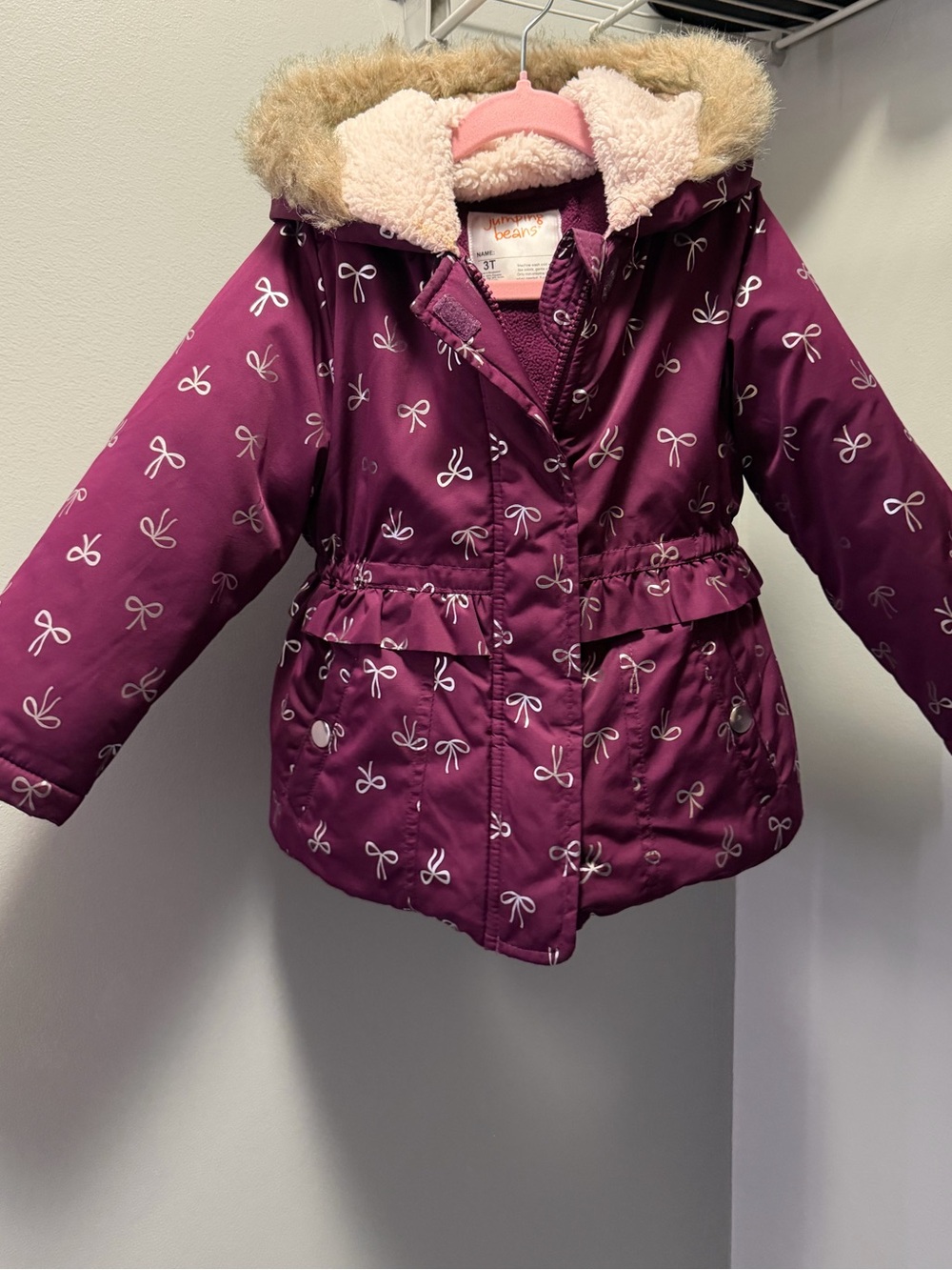 jumping beans Purple Bow-Print Faux-Fur Hooded Puffer Coat